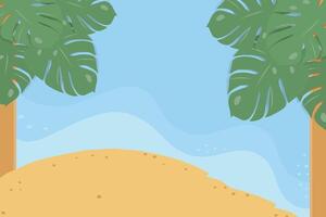 Summer seascape with palm tree, part of sandy beach and sea waves around. Copy space. Background vector
