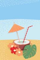 Cocktail in half coconut with straw, parasol, flowers and leaf on summer colorful vertical backdrop vector