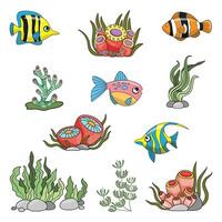 Marine set, fish, anemones, algae and coral in simple cartoon style. Color graphics for books and posters. children guides vector