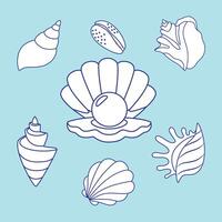 conjunto de conchas marinas y estrella de mar en blanco antecedentes. plano dibujos animados estilo. verano vacaciones recopilación, tropical playa conchas vector