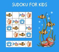 mini juegos para niños. preescolares sudoku, recoger arriba un fotografía. imagen con pescado y anémonas.lógicas Tareas para preescolares memoria desarrollo. juegos 3-4 años. vector