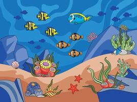 Underwater world scene, ocean floor marine life background. Undersea with corals and seaweed, sea bottom, seabed illustration vector