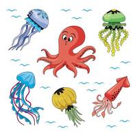 Set of marine animals highlighted on white. Octopus, jellyfish, squid. illustration in the style of cartoon. vector