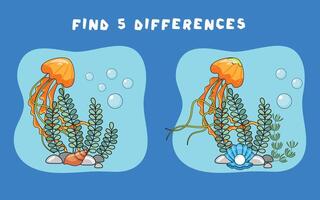 Mini games for children. preschoolers. Find 5 differences. Picture with jellyfish and algae.Logical tasks for preschoolers. Games 3-4 years old. vector