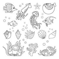 Marine set, fish, squid, jellyfish and shells in simple linear style. Black and white graphics for books and posters vector