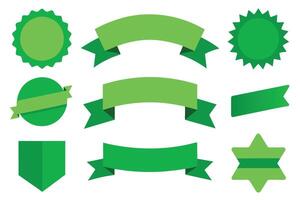 Collection of green ribbons tags badges and labels isolated white background vector