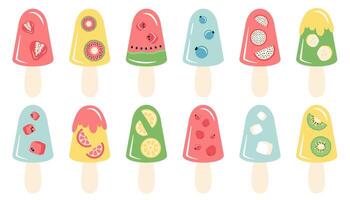 Set of delicious frozen yogurt with various fruit topping and flavor. Tasty ice cream on stick decorated berries, fruits, glaze. Frozen juice icon isolated. flat cartoon illustration vector