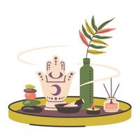 Meditation practice. Composition of yoga symbol. Meditating elements for mindfulness, harmony, calmness, relax. Hand statue, leaf, diffuser, aromatic sticks, tray, stones, candles, bowl. vector