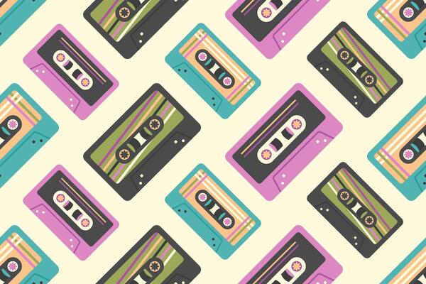 Cassette seamless pattern. Retro audio cassettes in 90s, 80s, 70s style. Vintage colorful old cassettes to tape recorder. Music background. illustration for packaging, wallpaper, textile