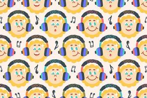 Groovy seamless pattern. Cartoon Sunshine with music player. Cute groovy sun in headphones with various emotion. Nostalgia for retro aesthetics, 2000s, 90s, 80s. Groovy background. illustration vector