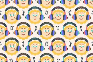 Groovy seamless pattern. Cartoon Sunshine with music player. Cute groovy sun in headphones with various emotion. Nostalgia for retro aesthetics, 2000s, 90s, 80s. Groovy background. illustration vector