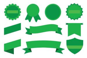 Collection of green ribbons tags badges and labels isolated white background vector