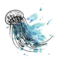 Underwater world clipart with sea animals jellyfish. Graphic illustration hand drawn in black ink. Composition EPS vector