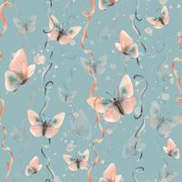 Writhing satin ribbons with flying butterflies in trendy pastel colors peach fuzz and turquoise in a vintage style. Hand drawn watercolor illustration. Seamless pattern on a white background vector