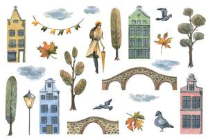 Ancient European houses are colorful, autumn trees and leaves, bridges, lanterns, girl in a raincoat with an umbrella. Hand drawn watercolor illustration. Set of objects isolated from the background vector