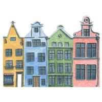 A set of old, European houses. Watercolor illustration. Cute, colorful houses. For decorating, designing and composing various compositions of postcards, souvenirs, posters, stickers. vector