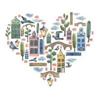 Watercolor illustration in the shape of a heart with many elements of an old European city. For the design and decoration of posters, postcards, souvenirs, prints, banners. vector