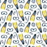 fins, shells, mask and snorkel. Watercolor illustration, hand drawn. Seamless pattern on a white background vector