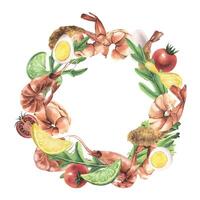 Round frame, wreath empty template with white background for text, information with shrimp, greens, vegetables and eggs. Watercolor illustration hand drawn. For menus, recipes, cooking vector