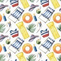Beach, summer, tropical vacation with palm leaves, deck chair, bag, hat, sun creams, inflatable toys. Watercolor illustration, hand drawn. Seamless pattern on a white background. vector