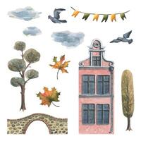 Ancient European houses are colorful, with autumn trees and leaves, stone bridges and lanterns. Hand drawn watercolor illustration. Set of objects isolated from the background vector