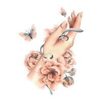 Beautiful peonies in peach fuzz color with leaves and flying butterflies in female hands. Hand drawn watercolor illustration. The composition is isolated from the background vector