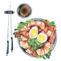 Boiled shrimp in a ceramic bowl with sauce, salad, quail eggs and chopsticks. Watercolor illustration. Composition from the SHRIMP collection. For the design and design of menus, recipes, cafes vector