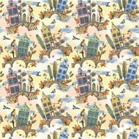 Ancient European houses are colorful, with autumn trees and leaves, stone bridges and lanterns, with a girl in a raincoat with an umbrella. Hand drawn watercolor illustration. Seamless pattern. vector