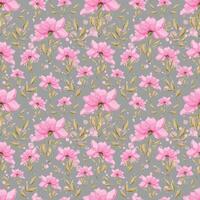Watercolor illustration of a simple pink flower with leaves. A delicate, seamless pattern on a gray background. For design, fabrics, textiles, clothing, prints, wallpaper, scrap paper. vector