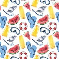 lifebuoy, flip-flops, sunblock, shells, mask and snorkel, pieces of watermelon. Watercolor illustration, hand drawn. Seamless pattern on a white background vector