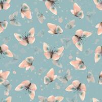 Delicate, flying, elegant butterflies in the trendy pastel color peach fuzz in a vintage style. Hand drawn watercolor illustration. Seamless pattern, repeating ornament on a turquoise background vector