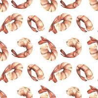 Boiled peeled shrimp with a tail. Watercolor illustration. Seamless pattern on a white background from the SHRIMP collection. For the design, design of menus, recipes, cafes, restaurants, packaging vector
