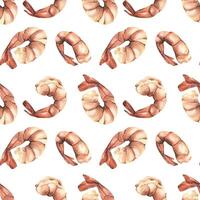 Boiled peeled shrimp with a tail. Watercolor illustration. Seamless pattern on a white background from the SHRIMP collection. For the design, design of menus, recipes, cafes, restaurants, packaging vector