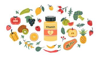 A jar of vitamin C in tablets or capsules and foods enriched with ascorbic acid. Fruits, berries and vegetables set. Natural antioxidant products. Isolated illustration, hand drawn, flat vector