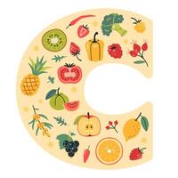 vitamina C fuentes comida en C forma. frutas, bayas y vegetales colocar. natural antioxidante y inmune apoyo. aislado dibujos animados ilustración, mano dibujado, plano vector