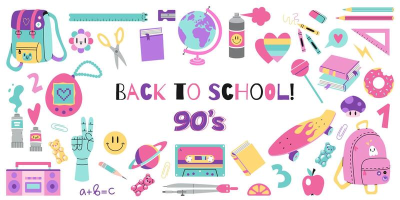 Cute school stationery set with 90s retro vibes, cartoon style. Student equipment, bright pastel color. Back to school. Trendy illustration isolated on white, hand drawn, flat design