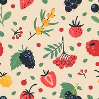 Seamless pattern berries like raspberry, strawberry, rowan, cloudberry, currant and blueberry, cartoon style. Trendy modern illustration on light background, hand drawn, flat design vector