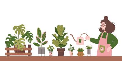 un mujer en un delantal riego plantas de interior, dibujos animados estilo. en conserva plantas para interior. urbano acogedor hogar jardinería pasatiempo. de moda moderno aislado ilustración, mano dibujado, plano vector