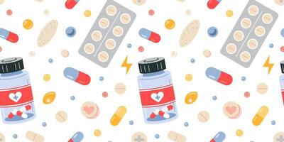 Seamless pattern with bottle and blister with tablets, medical pills and capsules on white background. Treatment and health care. Medicines, painkillers and vitamins. Cartoon flat illustration vector