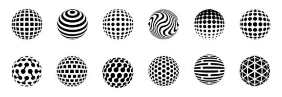 Dotted halftone 3D sphere. Striped and checkered spheres with triangle, hexagon and circle particles, halftone balls. Halftone gradient texture on globe orb set vector