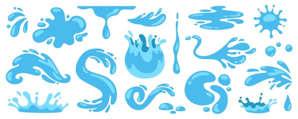 Cartoon blue water. Falling drops, tears and splashes. Liquid puddles, floating plop, aqua splat, different water shapes isolated on white background. collection