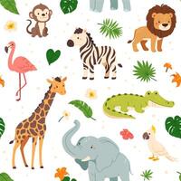 Jungle animals pattern. Funny cartoon seamless background with cute wild lion, funny monkey on liana, happy parrot and zebra. Safari wallpaper. Kids summer design, print vector