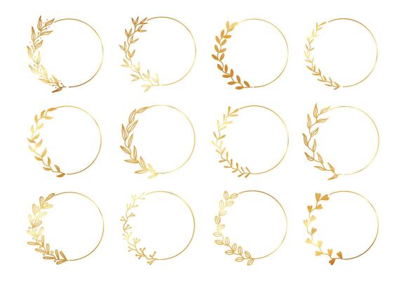 Gold circle floral frames. Ornaments botanical wreath with leaf and plants. Vintage round flower border. Decorative elements for emblems, cards design. set