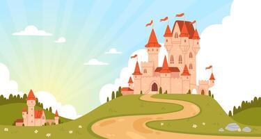 hada castillo paisaje. dibujos animados magia Rosa palacio en Greem colina. fantasía medieval Reino torre. cuento de hadas fantasía antecedentes con real princesa castillo. ilustración vector