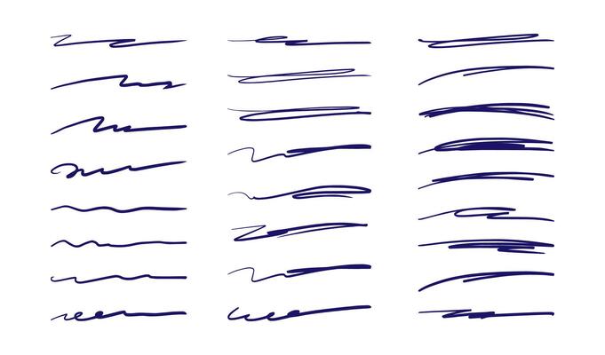 Hand drawn underline strokes. Sketch brush scribbles, ink marker squiggle lines, freehand pen stroke. Doodle painted curves, various pencil shapes and elements. set