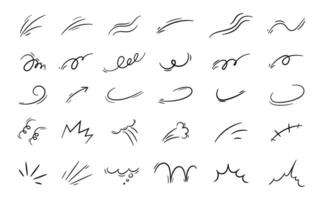 Expression and movement elements. Hand drawn emotion line, effects. Abstract hitting, jumping animation. Doodle curves, swirl, shape, motion. set vector