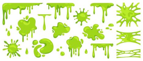 Cartoon green slime. Dripping mucus sticky liquid, slimy blobs, bright toxic stain, slimes border, messy splashes and splatter. Comic Halloween drops elements for banner. set vector