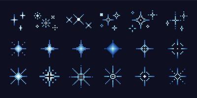 Pixel blue stars. 8-bit game sparkle magic pixelated elements for background night sky. Comic abstract pixels light and glitter. Retro icon star for design. set vector