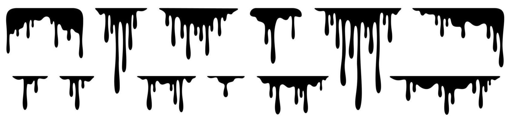 Dripping stain. Silhouette drip oil, black melting paint liquid, ink drop. Border melted sweet dessert, ice cream, sauce. Splash, splatter elements isolated. set