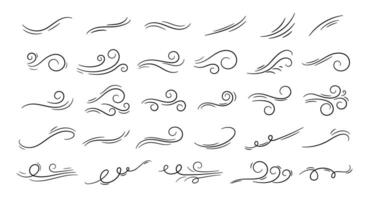 Sketch wind lines. Doodle blowing movement air elements, hand drawn wave freshness. Hand drawn outline aerial shape, swirl motion, abstract flow symbols. set vector